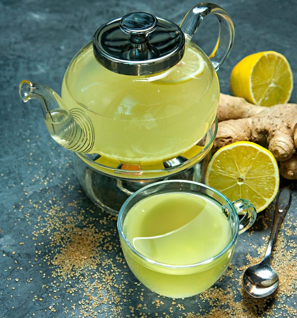 Fresh ginger root and ginger tea for digestive relief and bloating